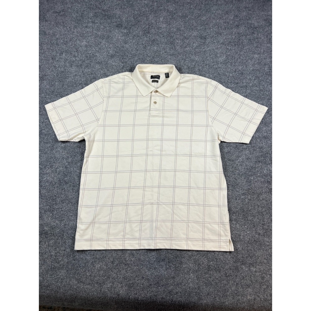Arrow 1851 Polo Shirt Men Large Off White Windowpane Plaid Classic Fit Side Slit